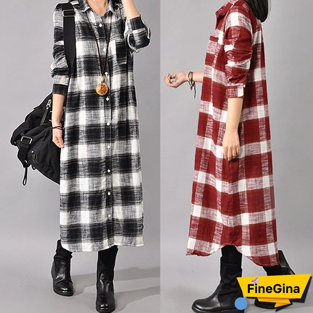 ZANZEA Women Fashion Loose Plaid Check Turn-down Collar Long Sleeve Pockets Buttons Down Casual Baggy Long Shirt Dress Plus Size