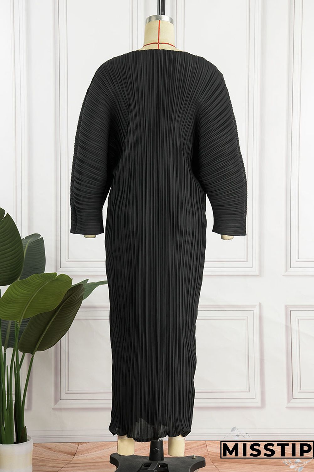 Black Casual Solid Patchwork Fold O Neck Straight Dresses