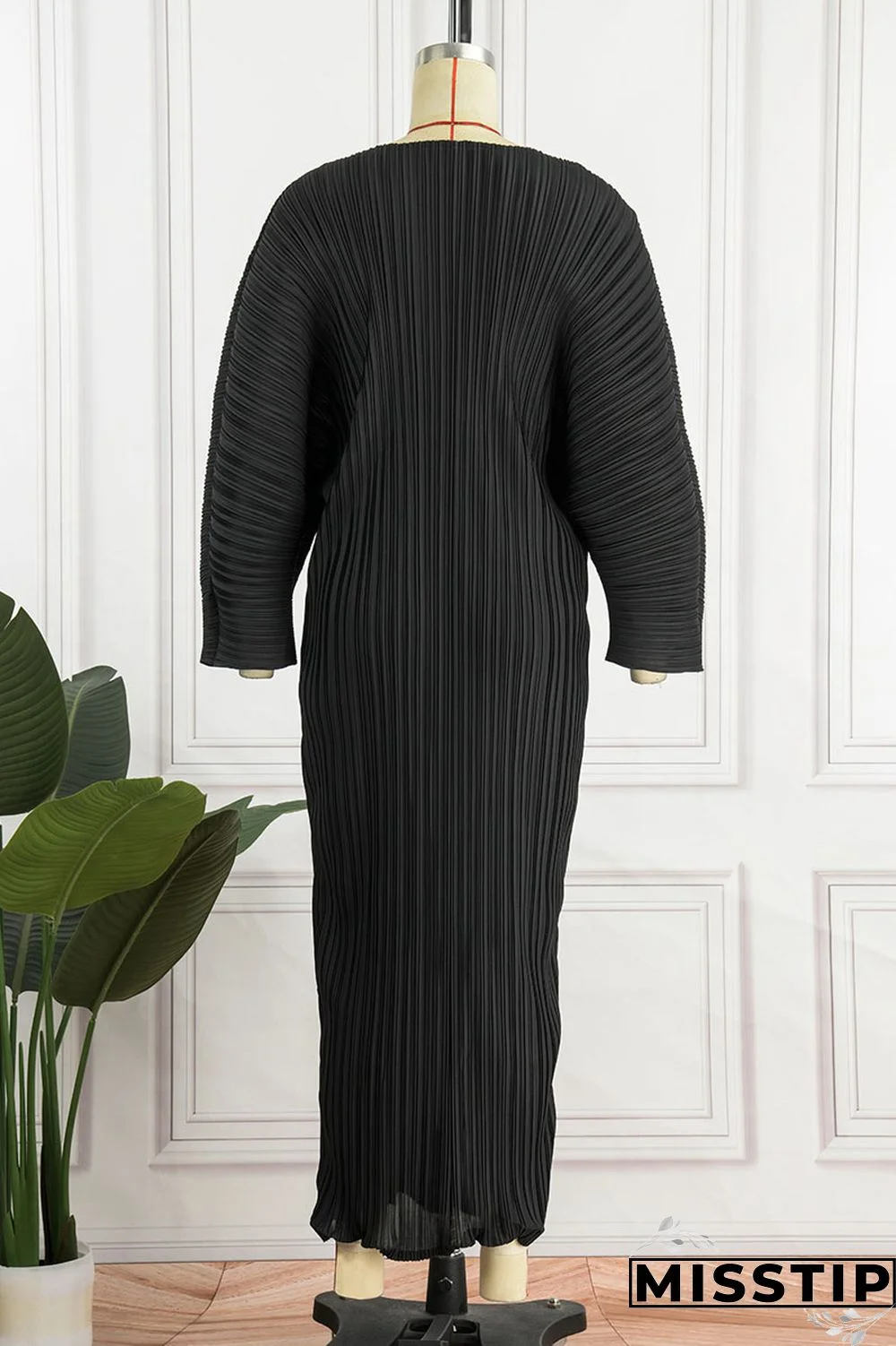 Black Casual Solid Patchwork Fold O Neck Straight Dresses