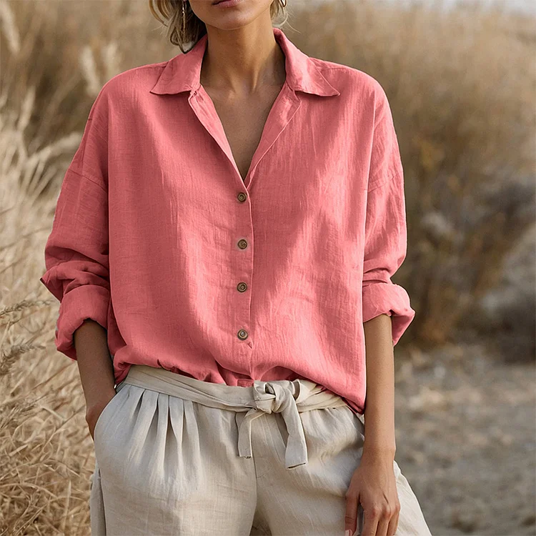 Autumn Solid Color Linen V-Neck Long-Sleeved T-Shirt