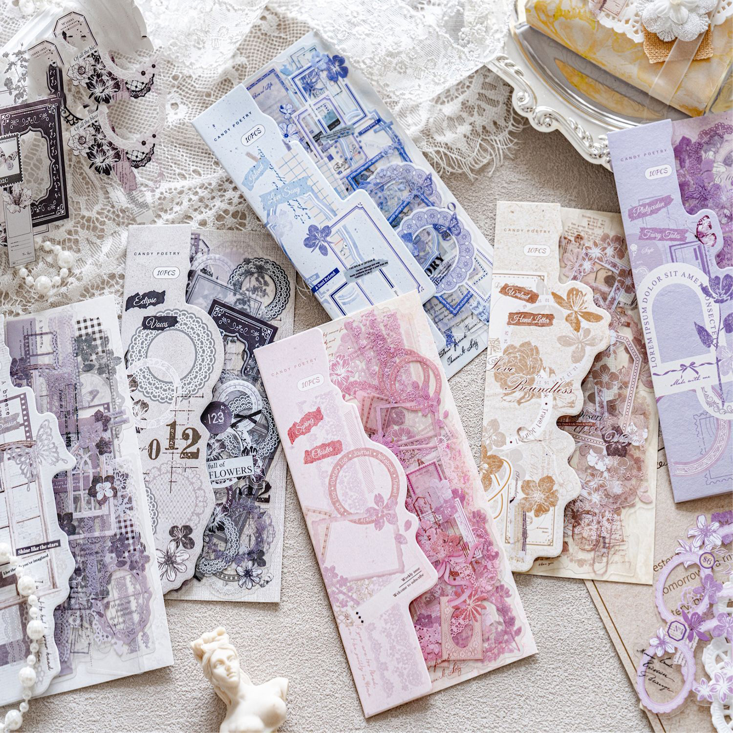 PET 스티커 - 러브 믹스 시리즈 빈티지 레이스 꽃 테두리 가로 라벨