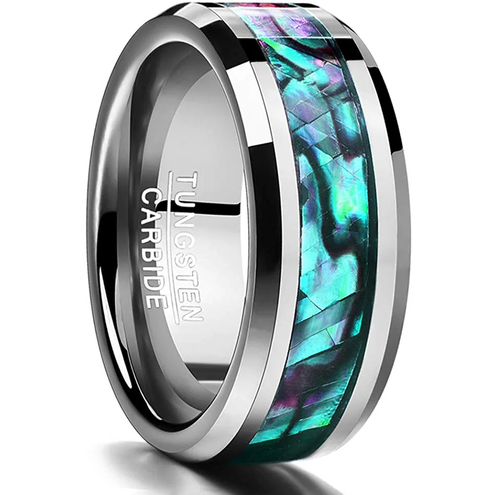 4mm 6mm 8mm 10mm Mens Women Tungsten Carbide Rings with Abalone Shell Inlay Beveled Edge Men Womens Comfort Fit Couple Ring