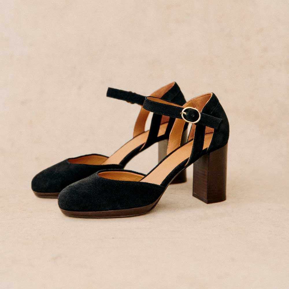Black Faux Suede Round Toe 3'' Block Heel Ankle Strap Pumps   Nicepairs