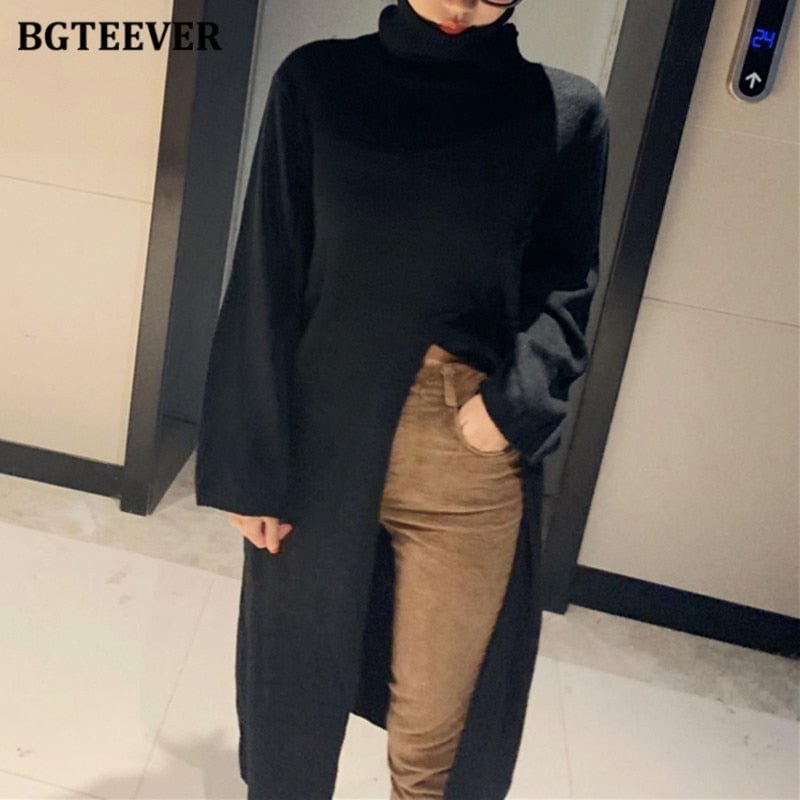 BGTEEVER Fashion Turtleneck Split Long Women Sweater 2020 Autumn Winter Knitting Tops Elegant Loose Female Knitted Pullovers