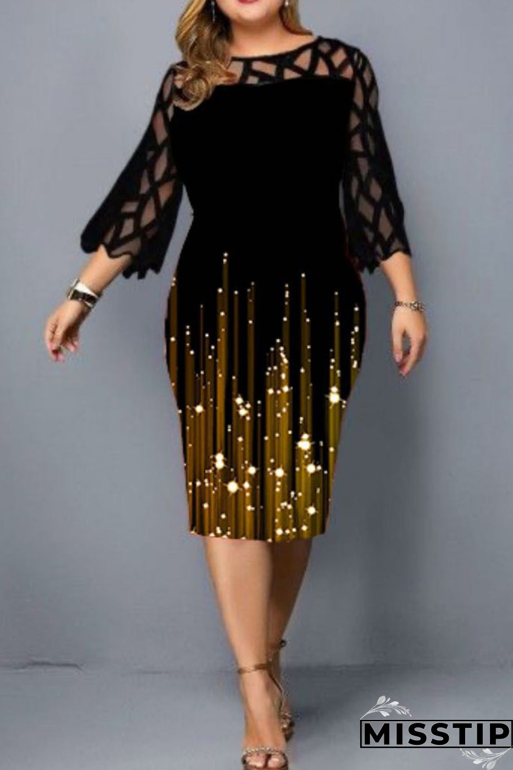 Black Casual Print Patchwork O Neck Straight Plus Size Dresses