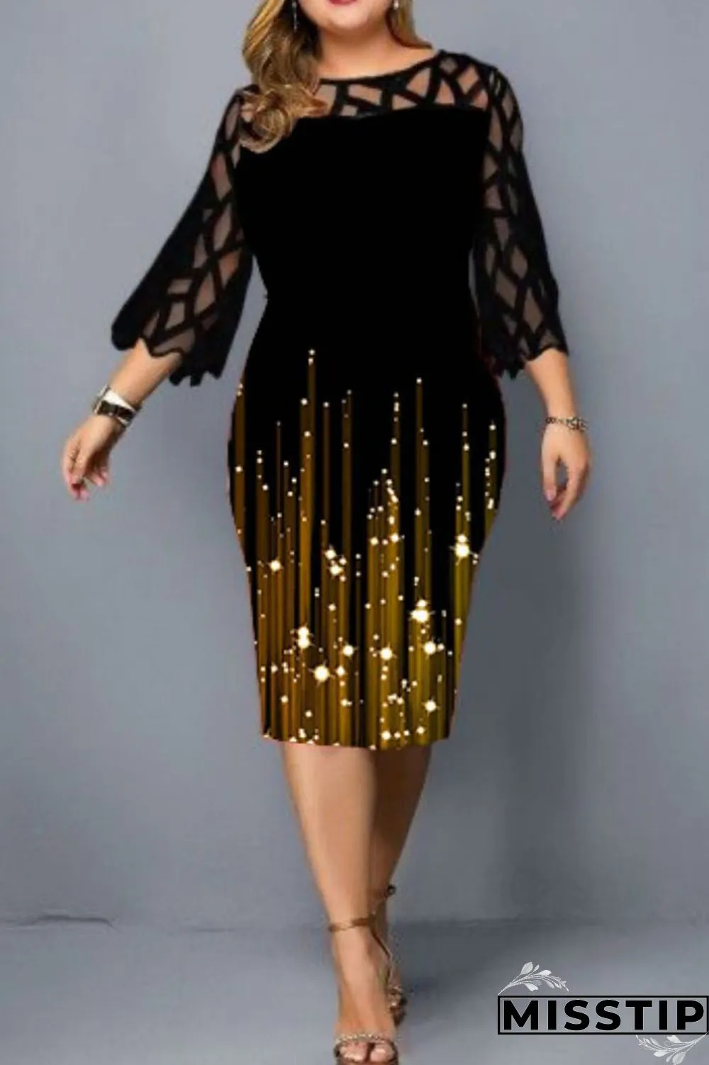 Black Casual Print Patchwork O Neck Straight Plus Size Dresses