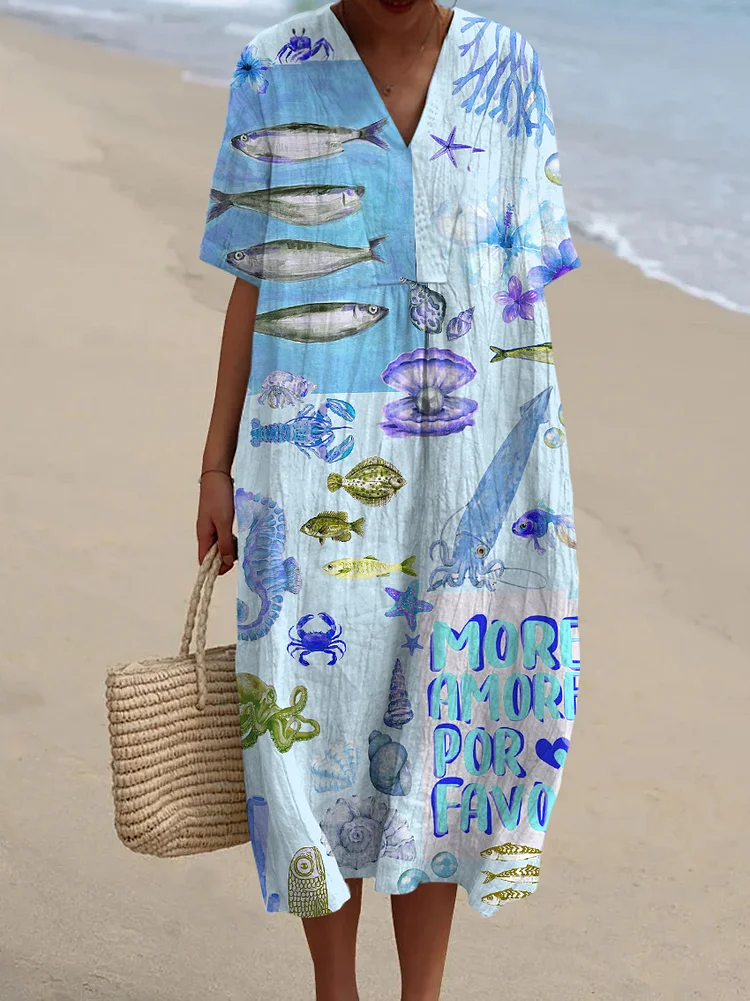 Women's Vintage Fish Art Print Flowy Dress