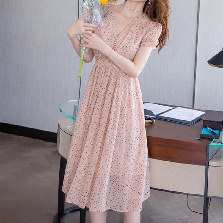 Women's Summer Mid-length Waist Mori Style Skirt Goddess Temperament Floral Chiffon Dress