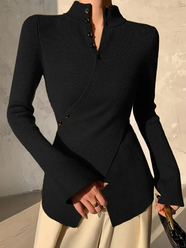 Casual Solid Split Joint V Neck Tops Sweater
