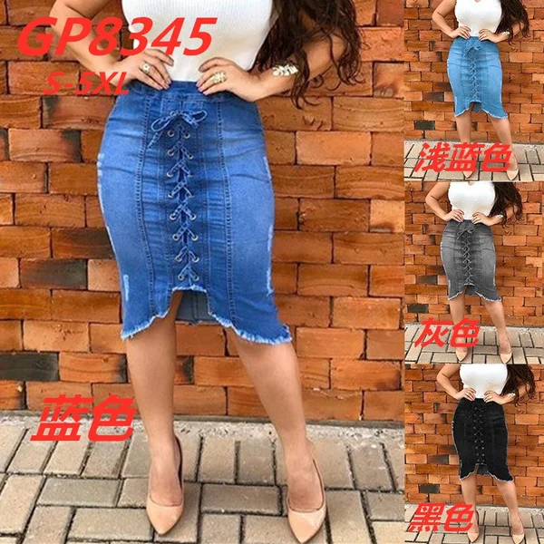 Summer Jeans Denim Pants New Women Fashion Lace Cross High Wasit Skirts Summer Denim Bow Tie Slim Fit Hole Ripper Skirts Jeans Plus Size S-5Xl