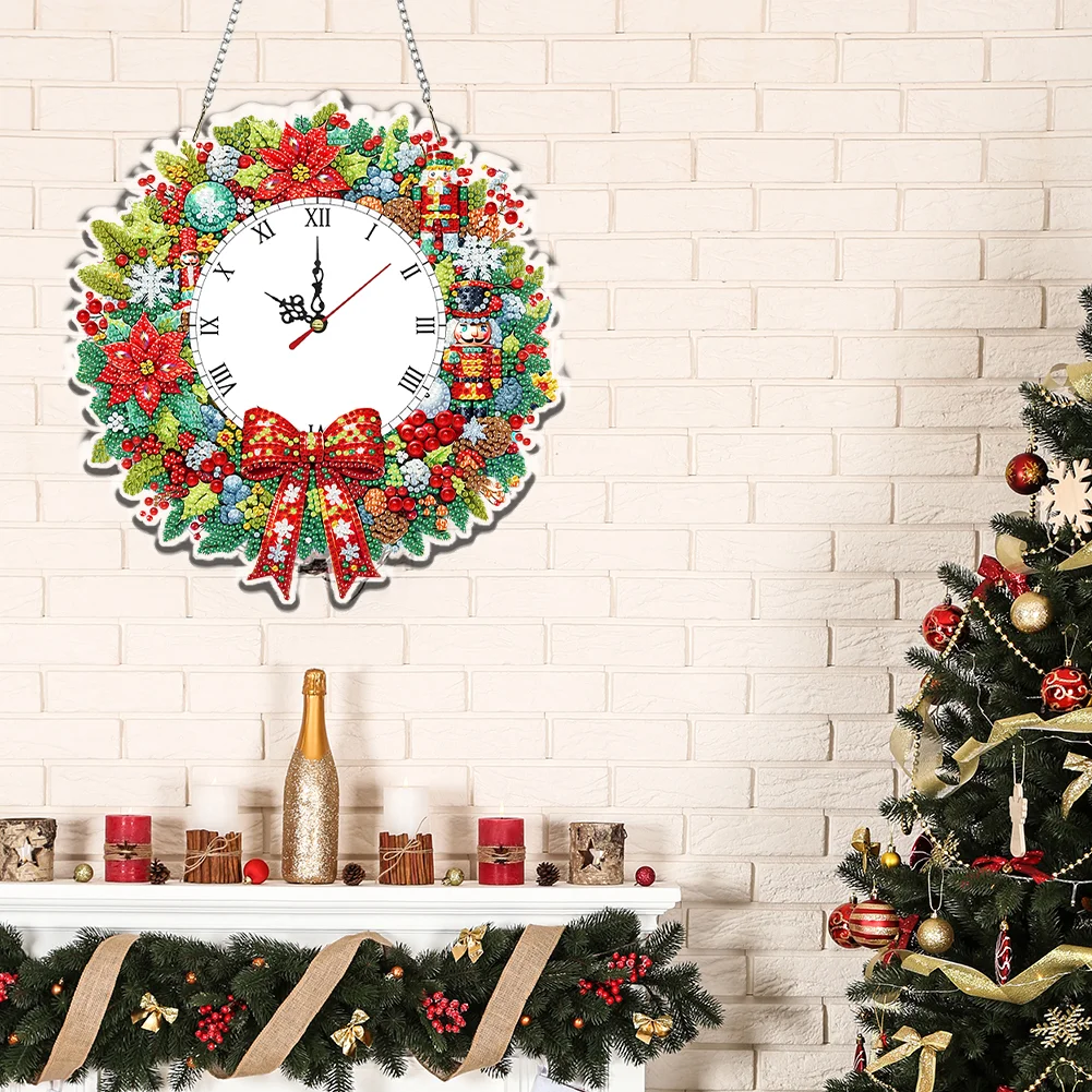 2D Flat DIY Christmas Wreath Acrylic Diamond Painting Clock Pendant Home Decor