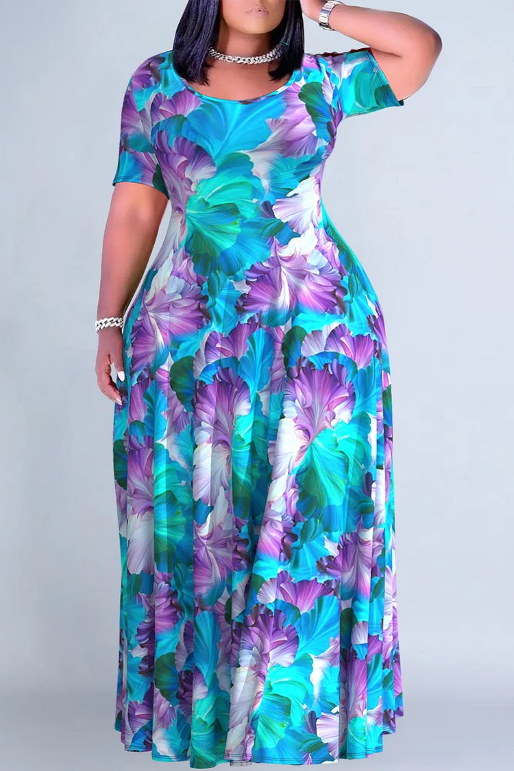 Plus Size Casual Blue Floral Print Round Neck Short Sleeve Maxi Dresses