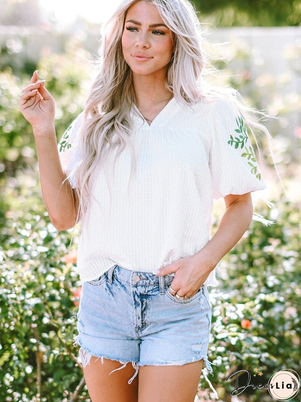 White Floral Embroidered Puff Sleeve V-Neck Mesh Detail Blouse