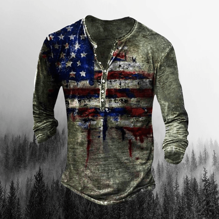 Men's Vintage Freedom Flag Print Comfortable Long Sleeve Henley Shirt