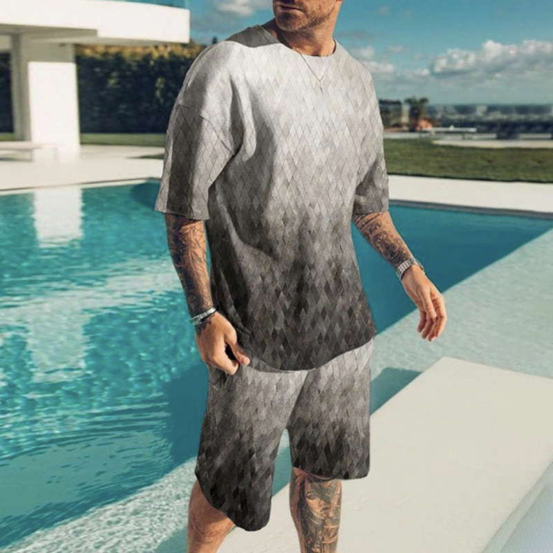 Men's Diamond Shaped Gradual Change Short Sleeve T-Shirt And Shorts