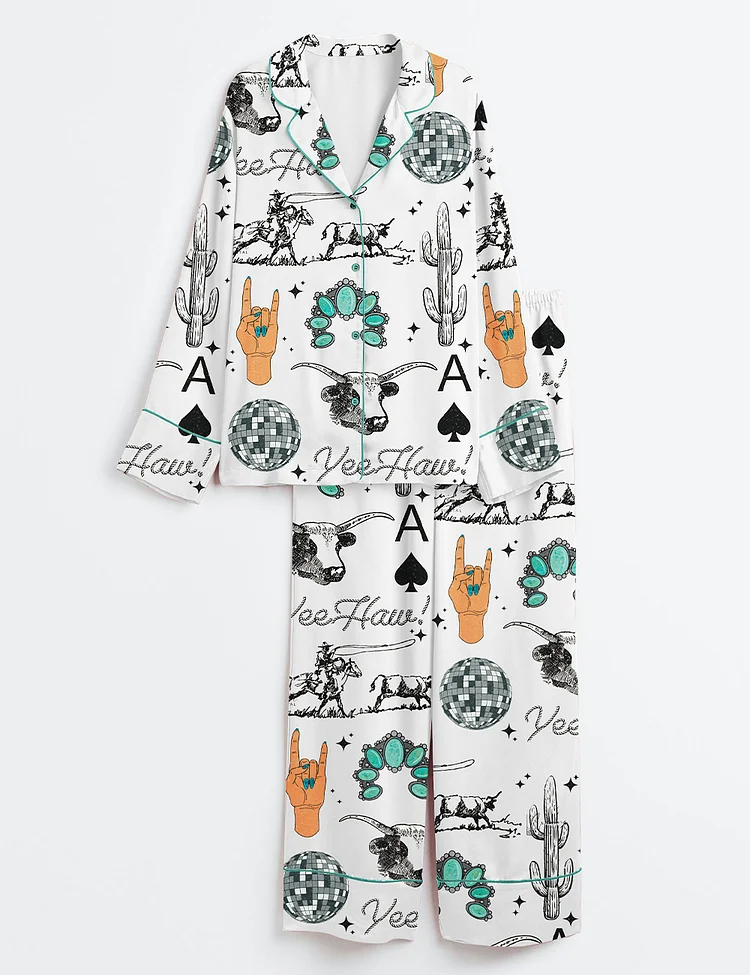 Women&rsquo;s Western Things Sublimation Cowgirl Spade Rodeo Western Print Long Sleeve Satin Pajama Set