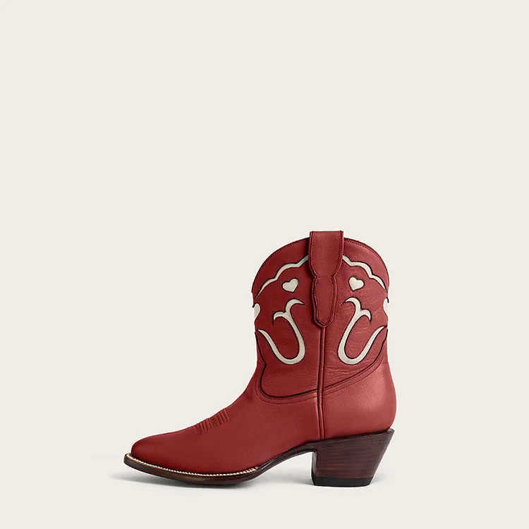 Dark Red Pointed Toe Booties Block Heel Cowboy Boots for Women |FSJ Shoes