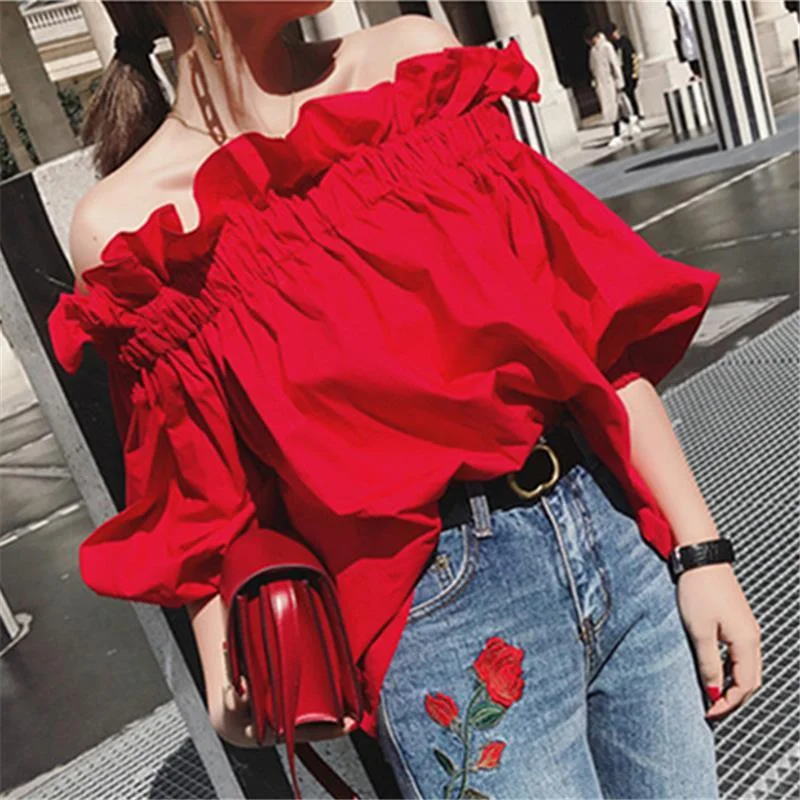 Off shoulder Sexy Top Puff sleeve Summer Chiffon blouses and shirts Red Ruffle Top Tee 2021 Fashion New