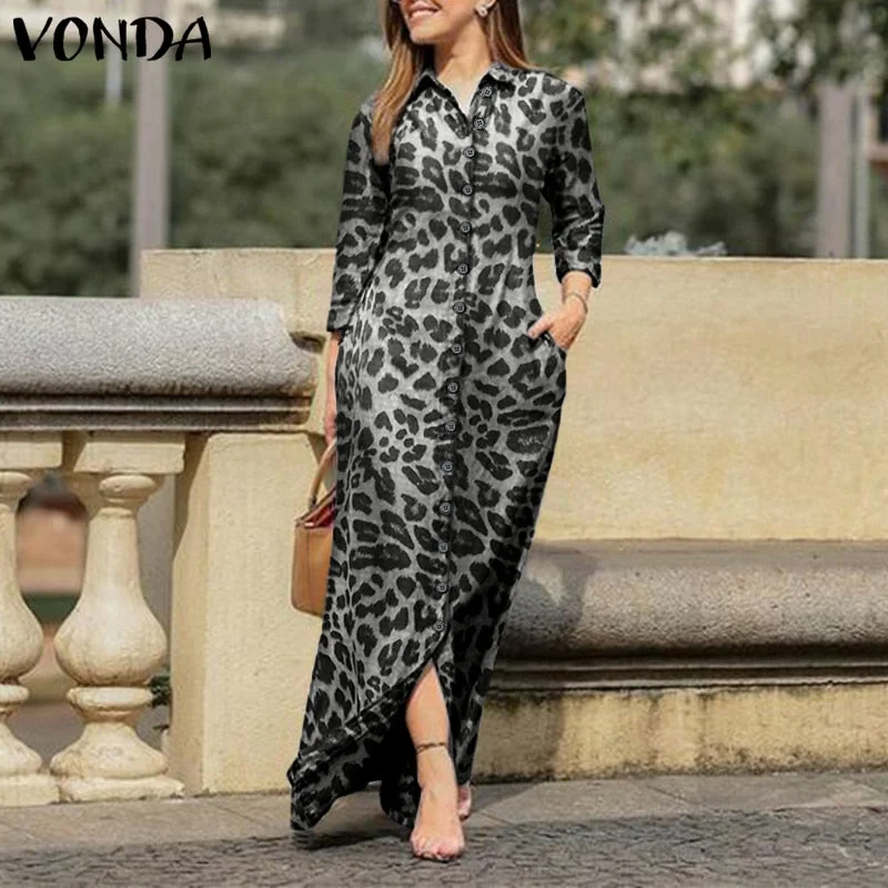 VONDA Women Long Sleeve Long Maxi Dress Summer Vintage Checked Plaid Turn Down Neck Shirt Dresses Button Up Party Vestidos Robe