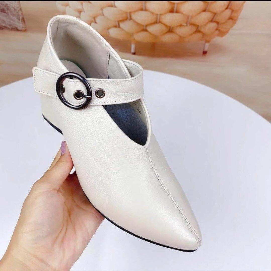 Qengg Summer New Solid Color All-match High-heeled Shoes Women's Buckle Soft-faced Pointed Toe Thick-heeled Leather Shoes Women