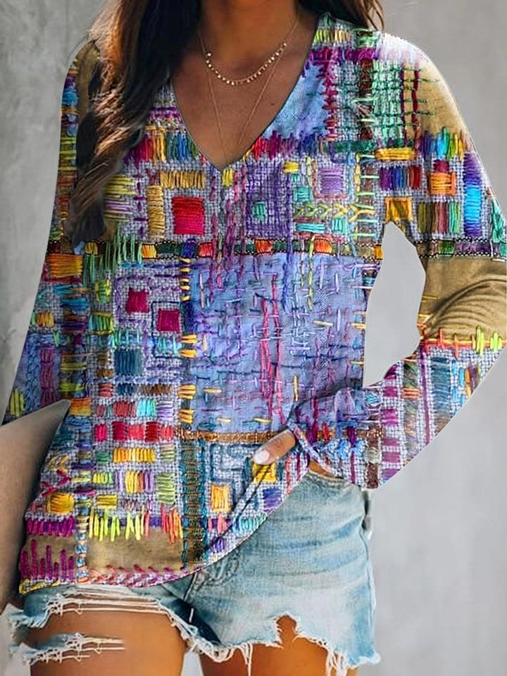 Women's Bohemian Patchwork Art Pattern Print Casual V-Neck Long Sleeve T-Shirt