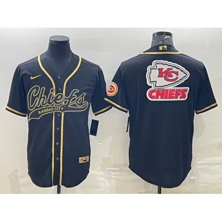 Men's Kansas City Chiefs Black Gold Team Big Logo With Patch Cool Base Stitched Baseball Jersey RNY6