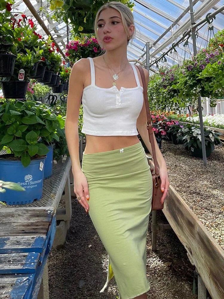 Gitana Bow High Waist Midi Skirts 2022 Outfits Streetwear Sexy Bodycon Slit Green Summer Skirts Women Party Holiday Clothing