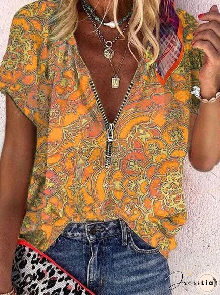 Printed Zipper V-neck Loose Short Sleeve T-shirts