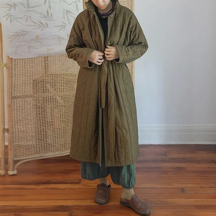 Winter Retro Quilted Lacing Belt Loose  Cotton Overcoat