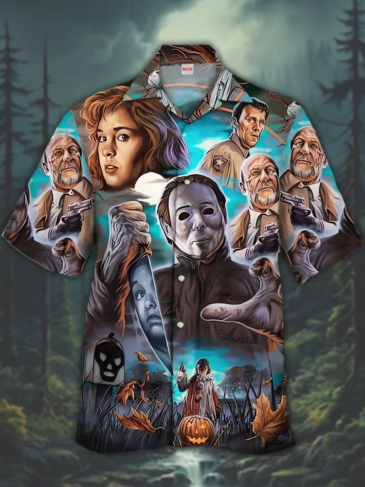 Eye-Catching Retro Classic Horror Characters Halloween Printing Cuban Collar Hawaiian Short Sleeve Shirt BestDVibe