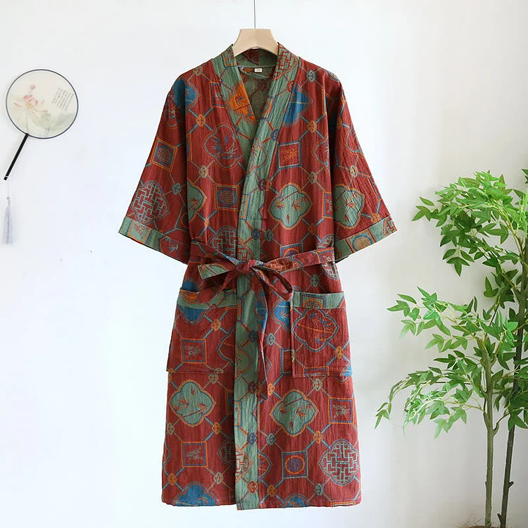 Retro Style Cotton Gauze Loose Bathrobe Pajama Radinnoo.com