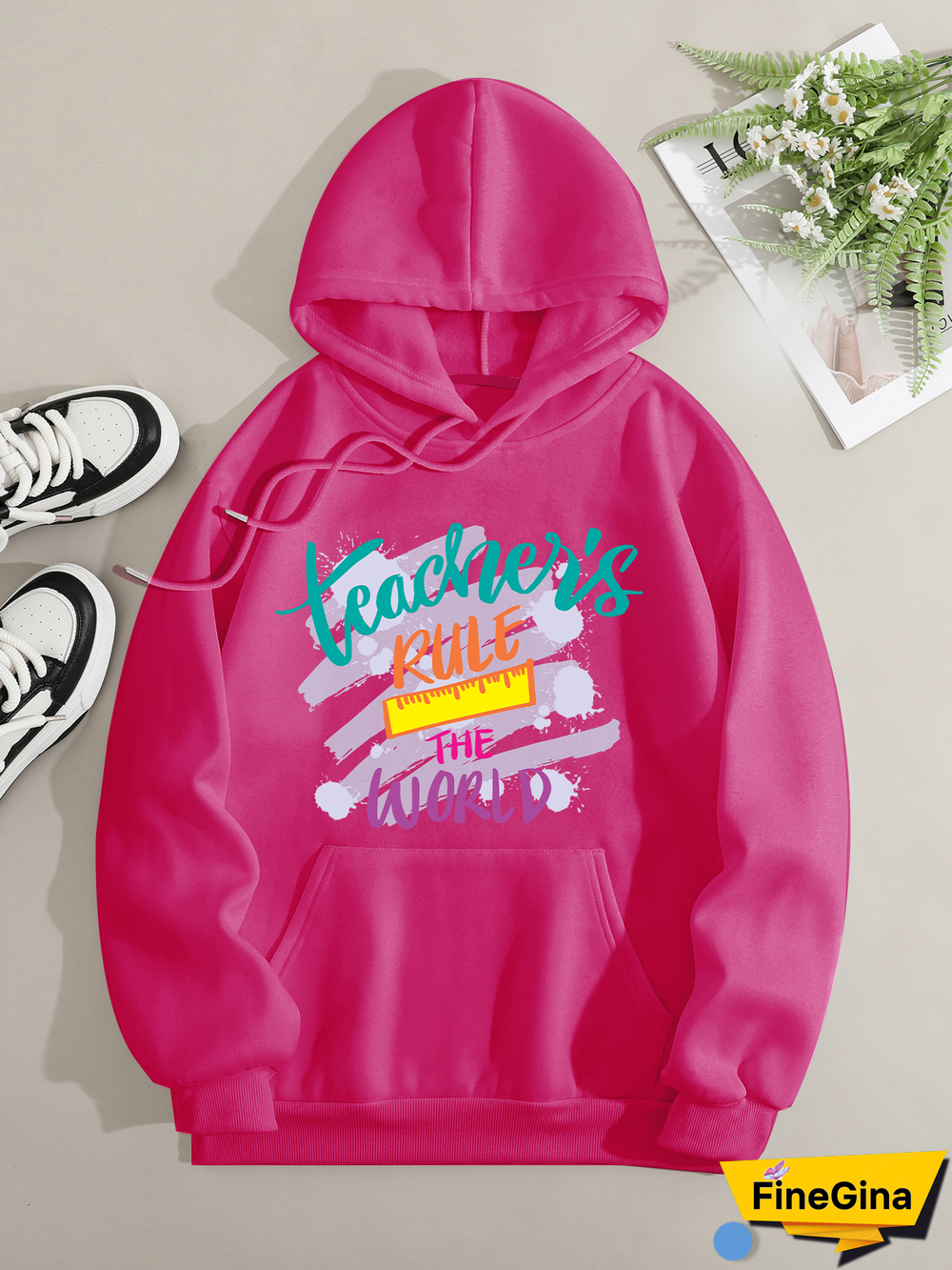 Printed on front Kangaroo Pocket Hoodie Long Sleeve for Women Pattern Teacher rule the world