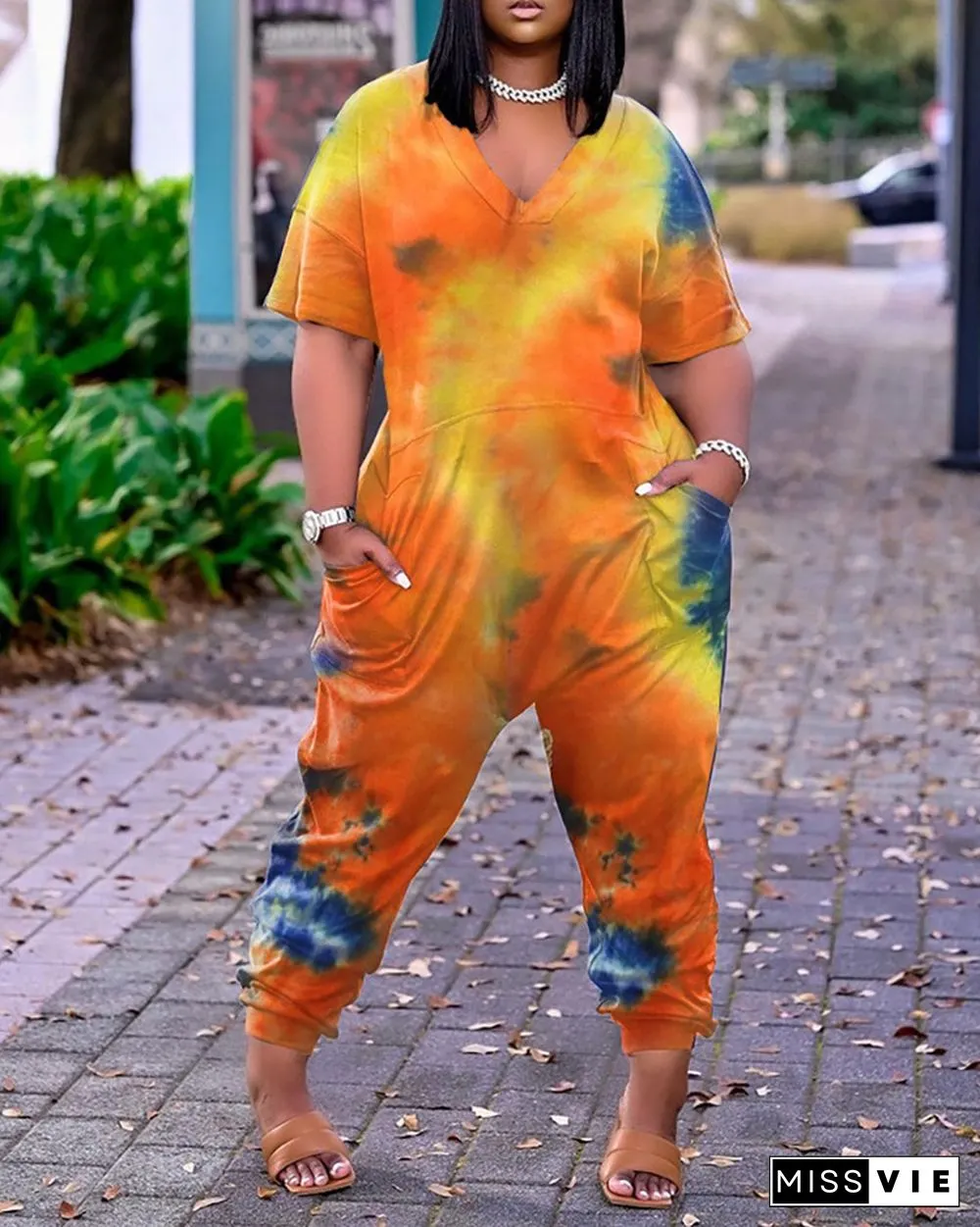 Tie Dye Print Pocket Design Short Sleeve Jumpsuit