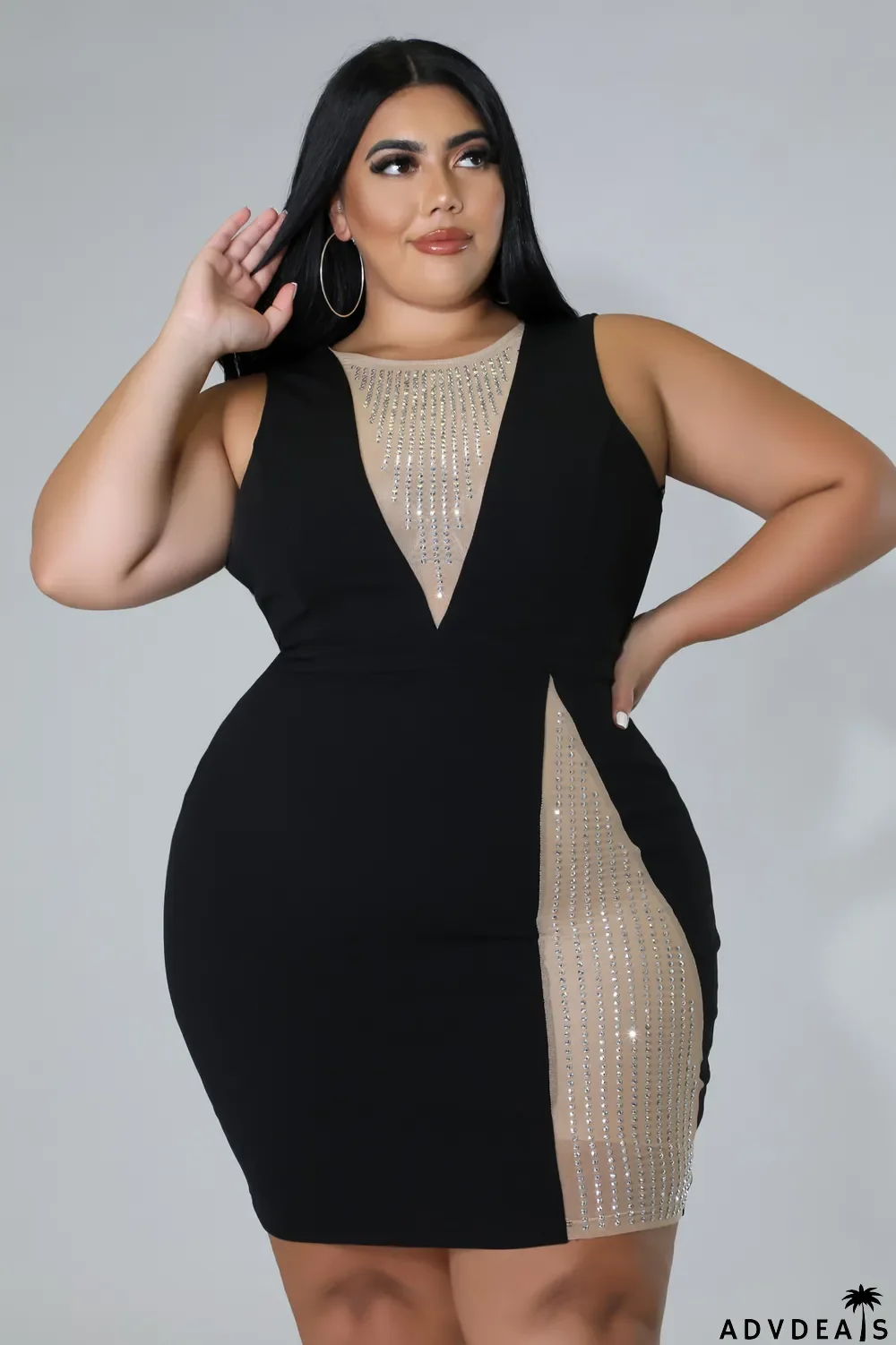 Plus Plus Size Women's Mesh Beaded Patchwork Deep V Sleeveless Stretch Bodycon