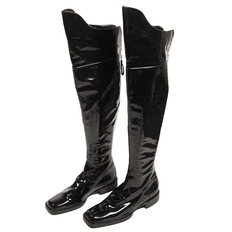 Black Square Toe Boots Cat Woman Patent Leather Over Knee Long Boots |FSJ Shoes