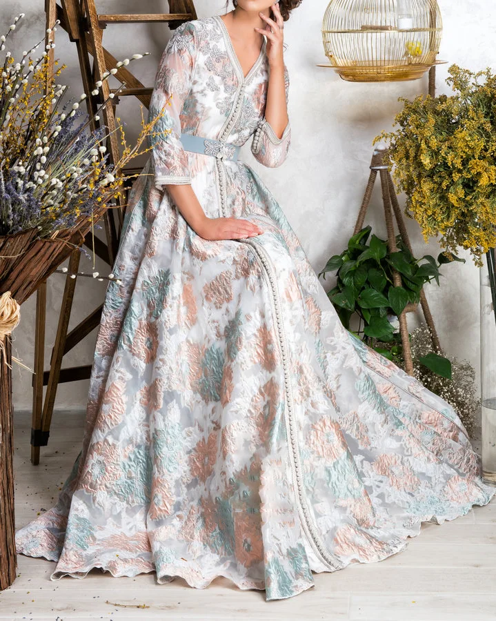 Elegant Floral Jacquard Embroidered Dress