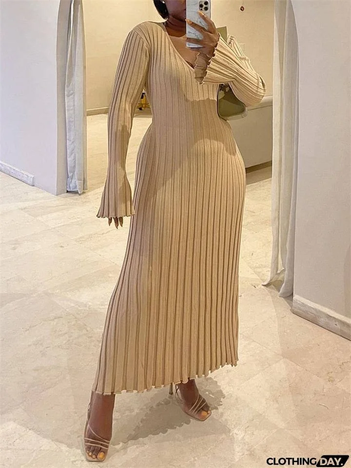 Winter Casual Sexy V Neck Ribbed Slim Knitted Lady Dress