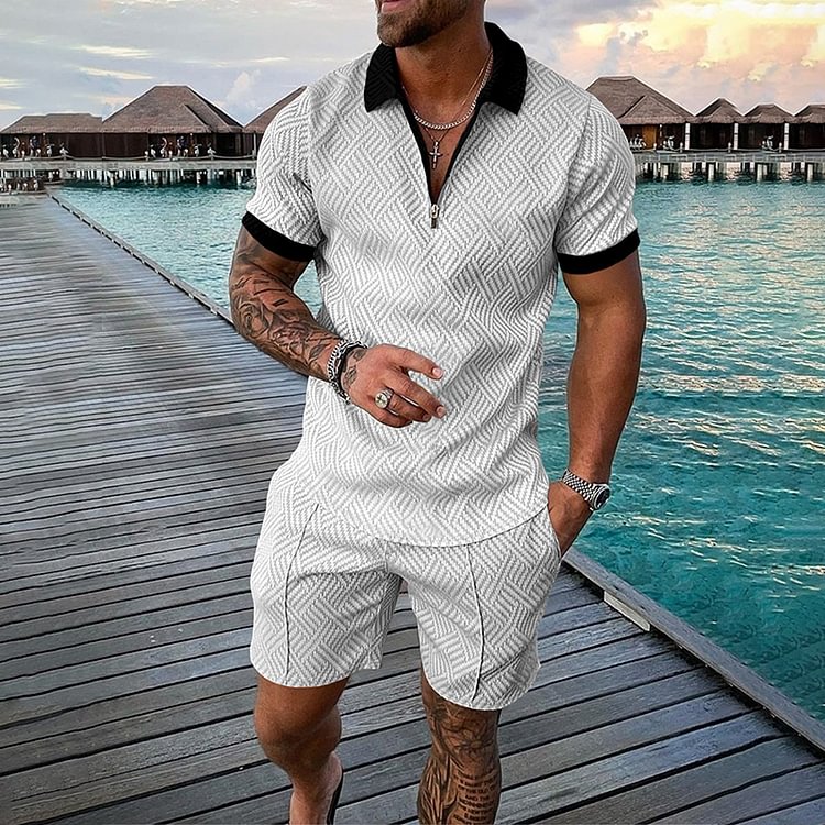 BrosWear Men's Colorblock Casual Zip Collar Short Sleeve Polo Shirt Two Piece Set