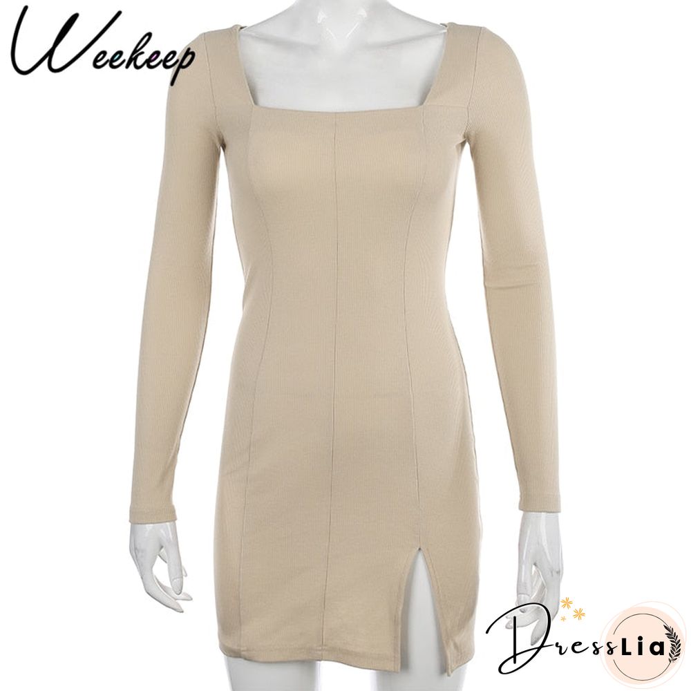 Weekeep Sexy Side Split Square Collar Long Sleeve Spring Dress Women Knitted Bodycon Party Clubwear Mini Dresses