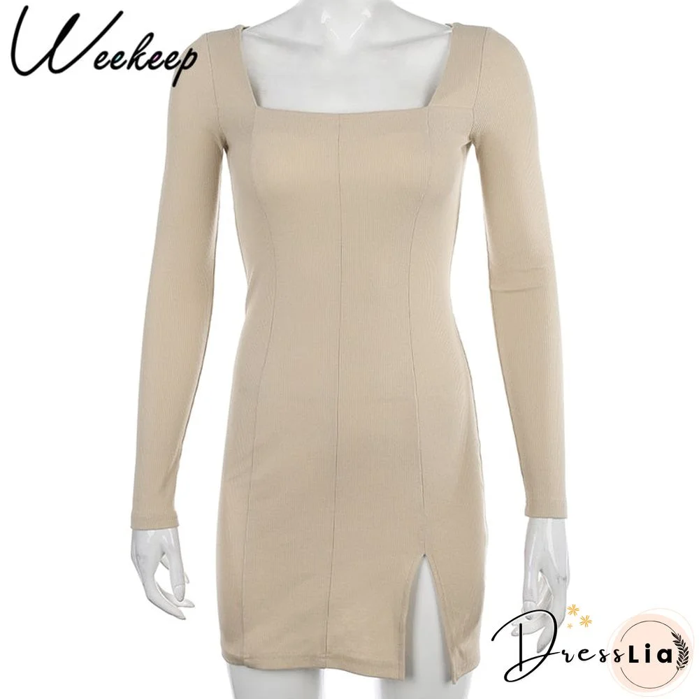 Weekeep Sexy Side Split Square Collar Long Sleeve Spring Dress Women Knitted Bodycon Party Clubwear Mini Dresses