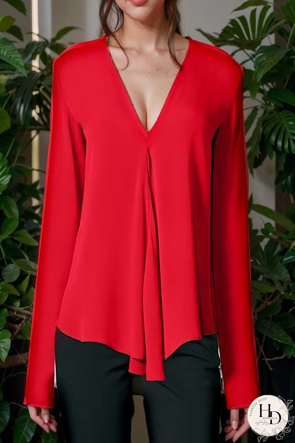 v neck long sleeved chiffon solid blouse drop shoulder closed shirt