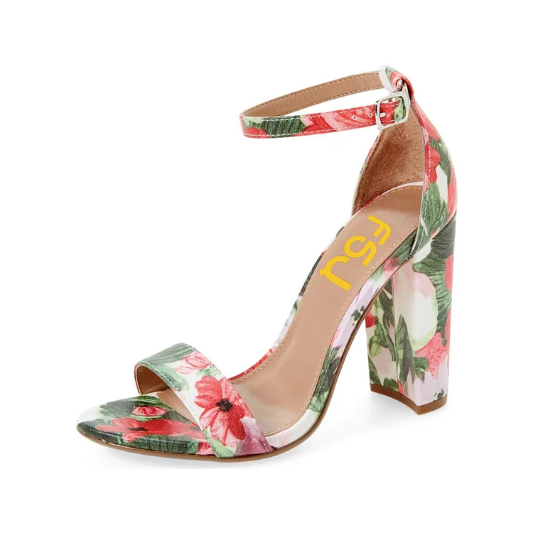 Women's Flower Open Toe Chunky Heel Floral Heels Ankle Strap Sandals |FSJ Shoes