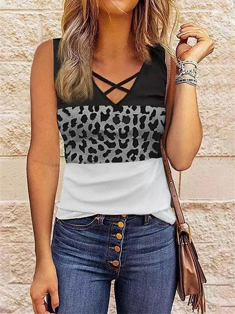 Women's Summer Sleeveless V-neck Leopard Stitching Fashion Top