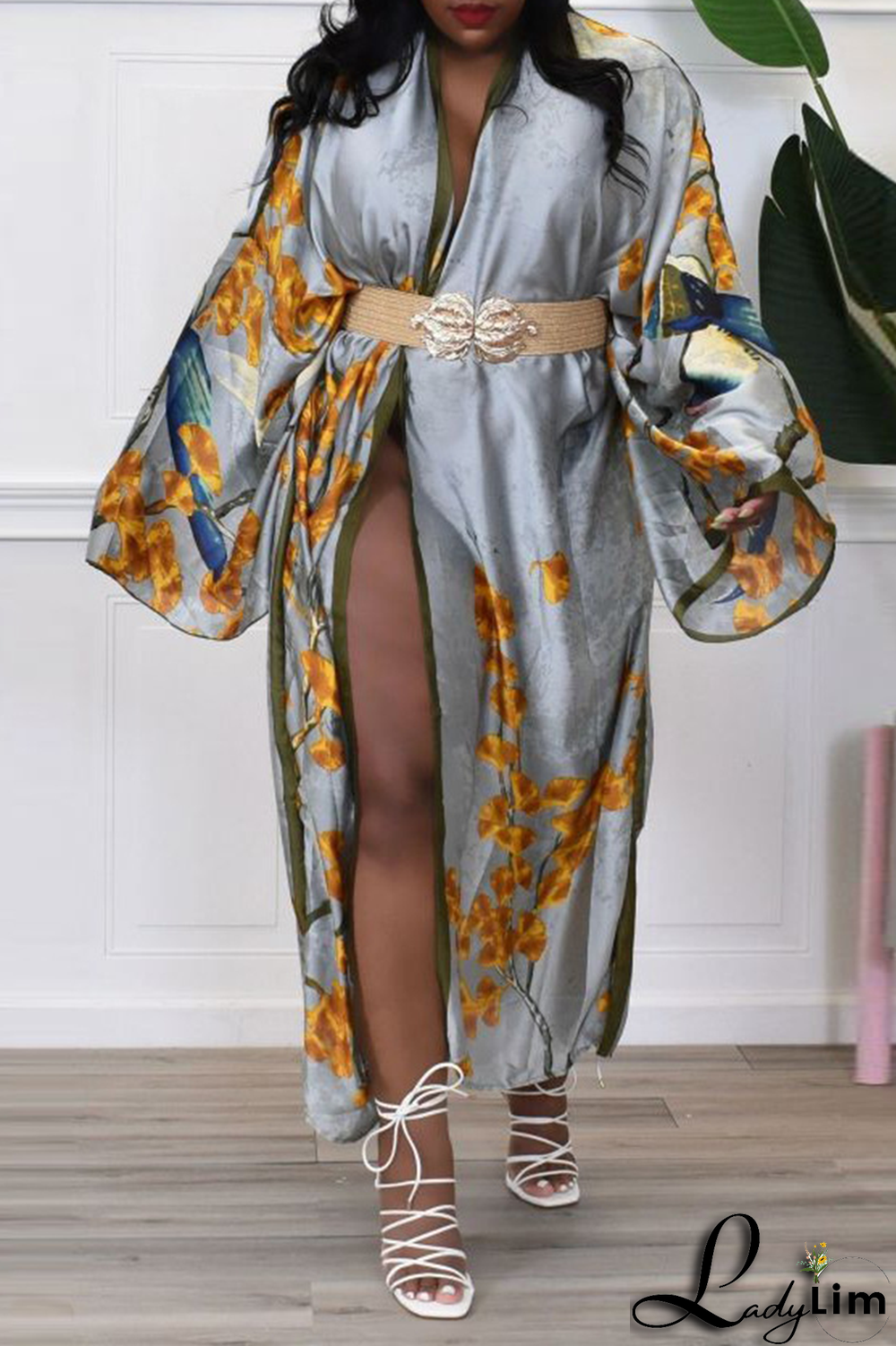 Black Fashion Print Patchwork Cardigan Collar Outerwear(Without belt)