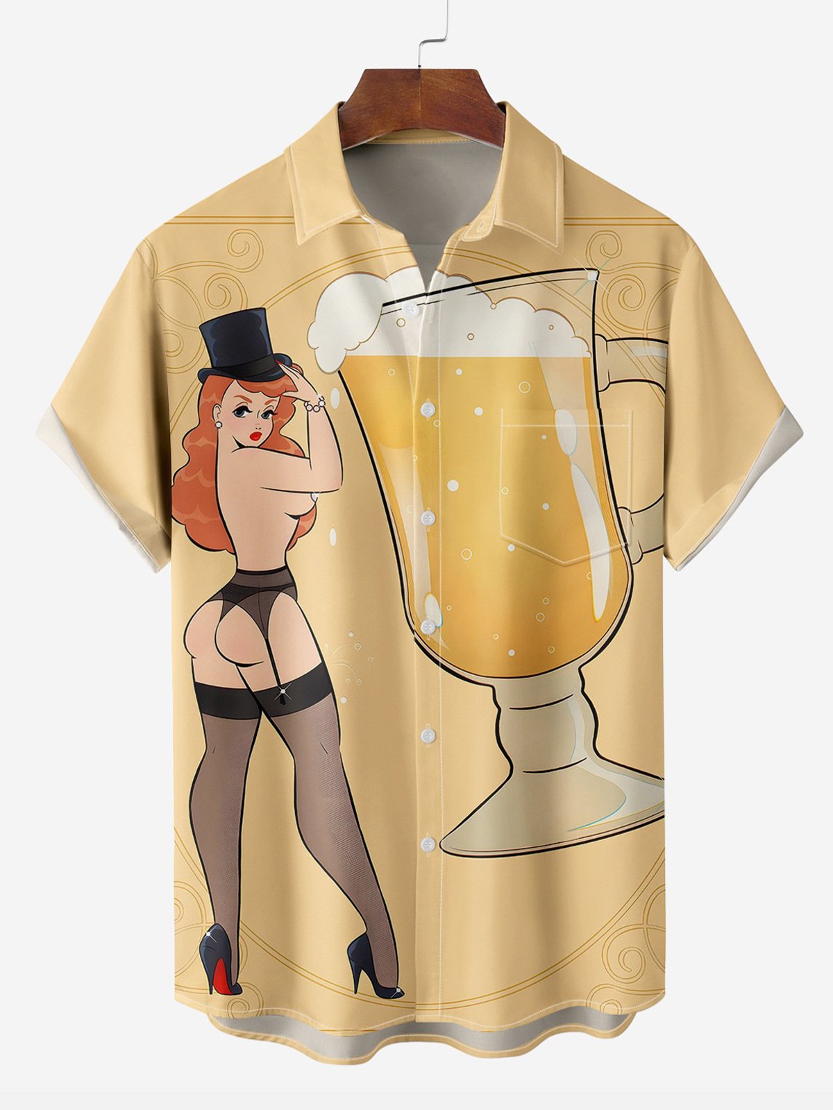 Vintage Girl Beer Party Printed Short Sleeve Shirt PLUSCLOTHESMAN