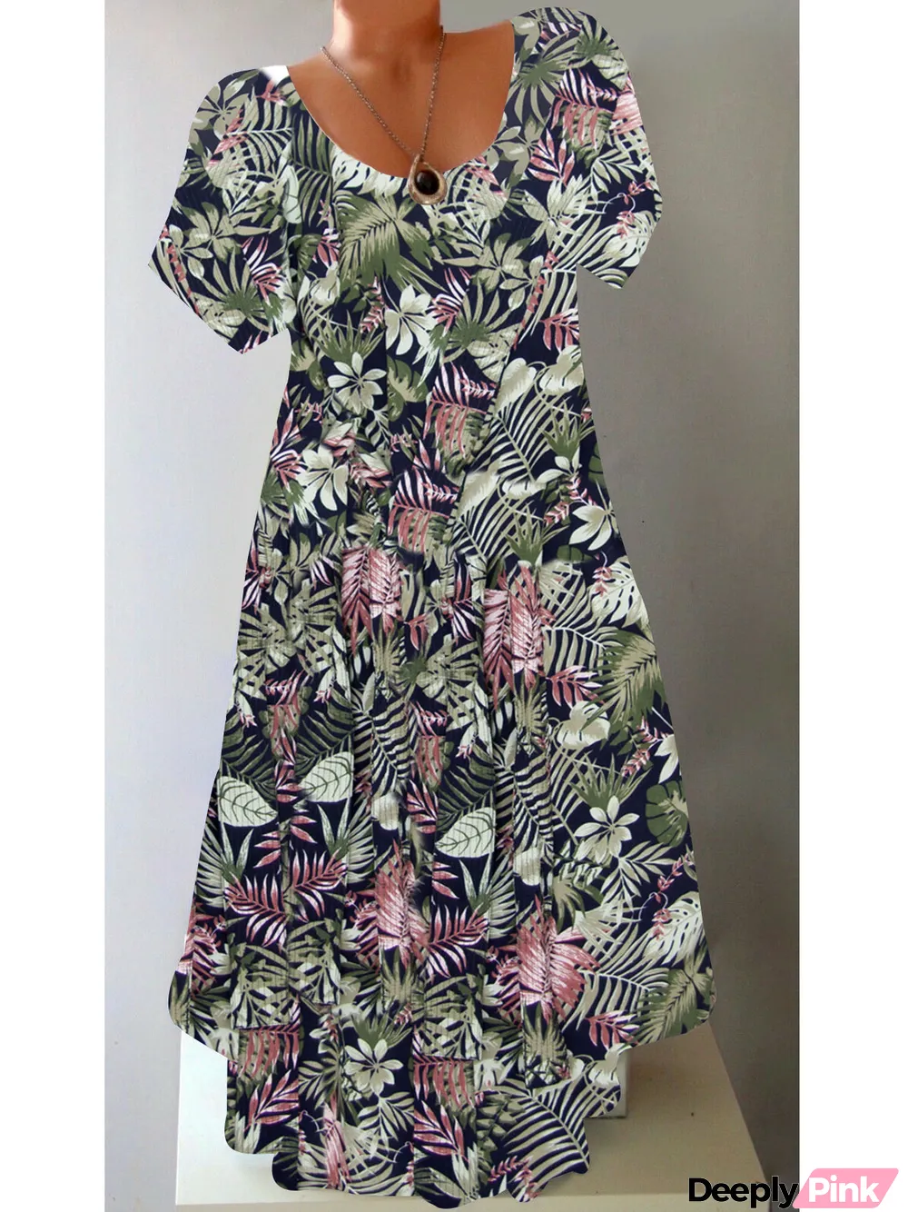 Women Short Sleeve Scoop Neck Casual Floral Printed Midi Dress