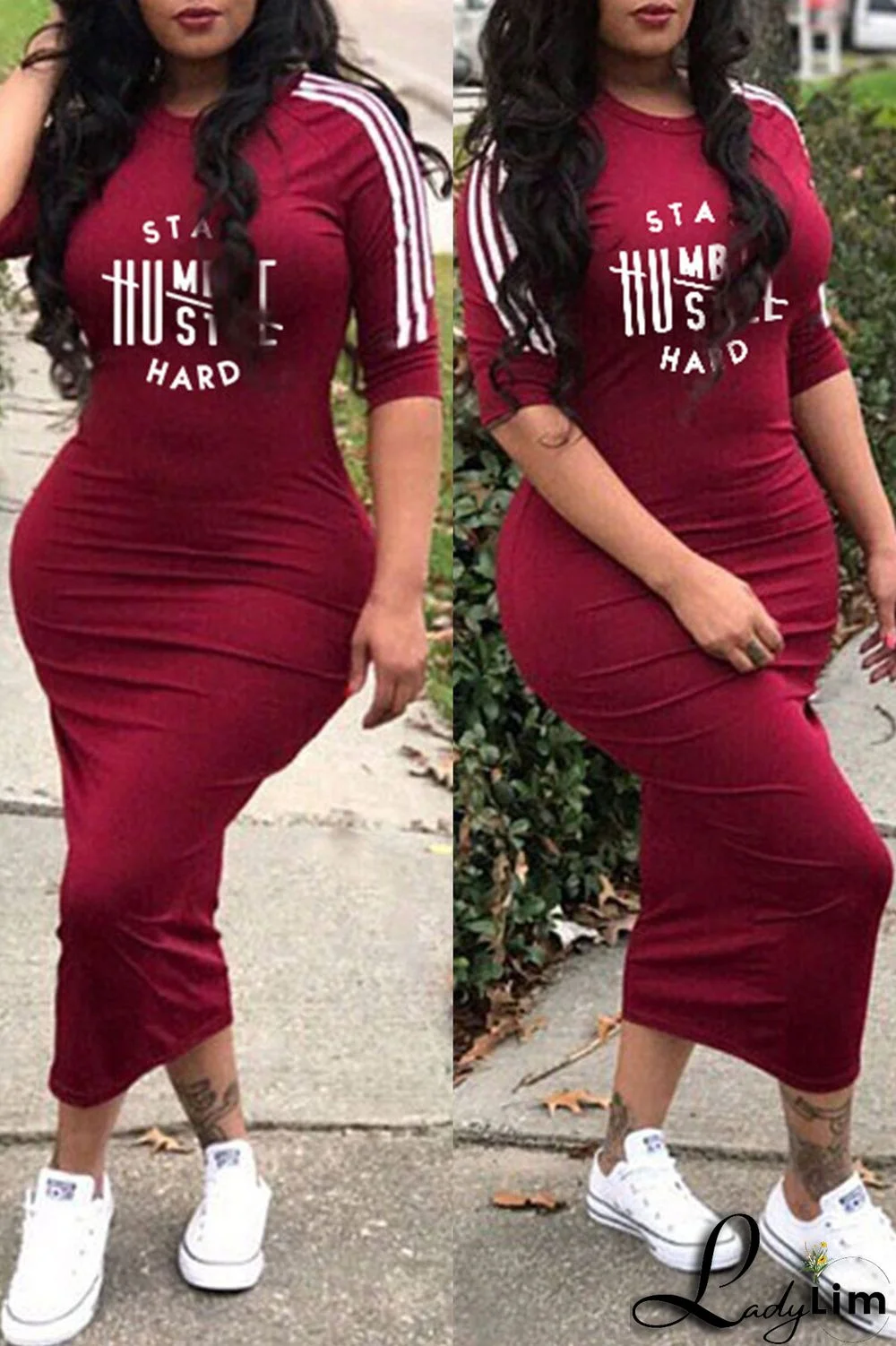 Deep Blue Fashion Casual Letter Print Split Joint O Neck Dresses