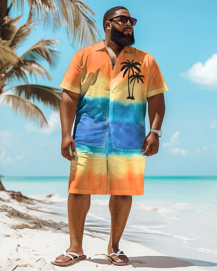 Men's Plus Size Hawaiian Gradient Coconut Tree Print Shirt Shorts Suit
