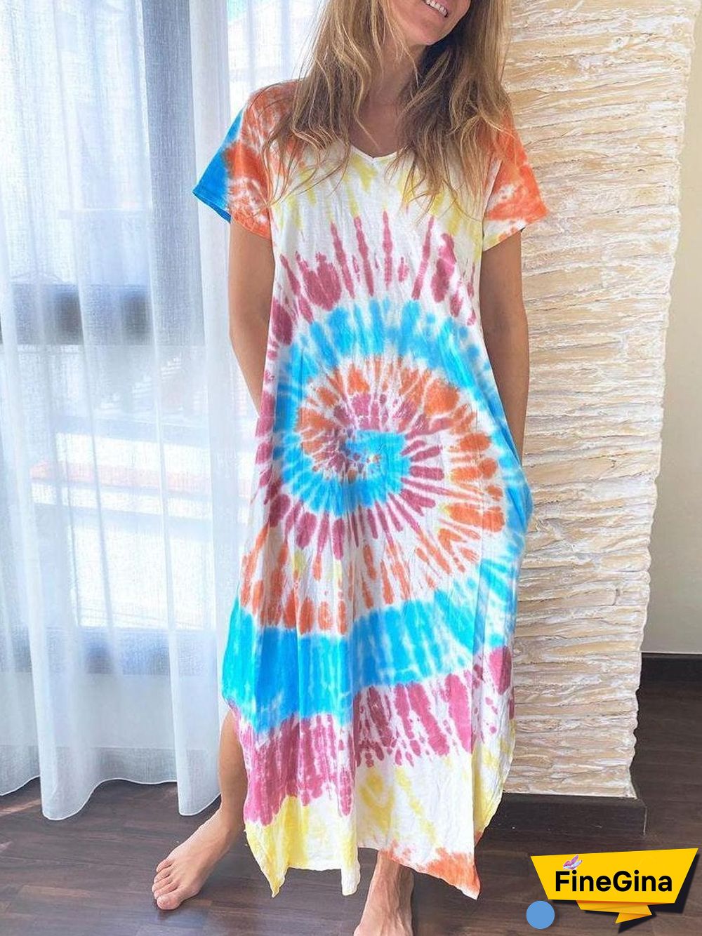 V Neck Soft Tie-Dyed Printed Slit Dress