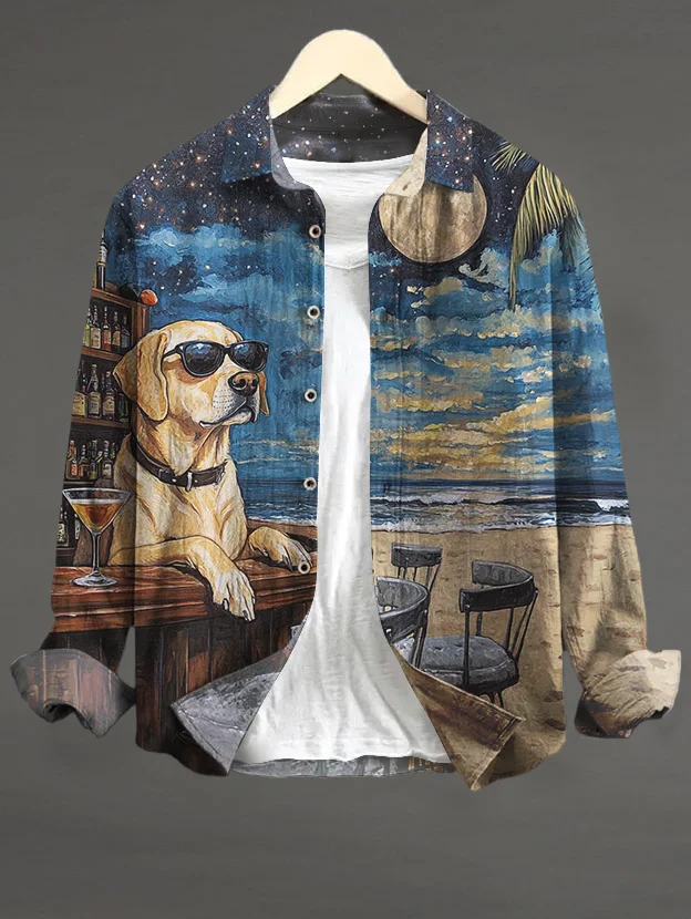 Men's Vacation Beach Dog Wearing Sunglasses Cocktail Print Long Sleeve Shirt